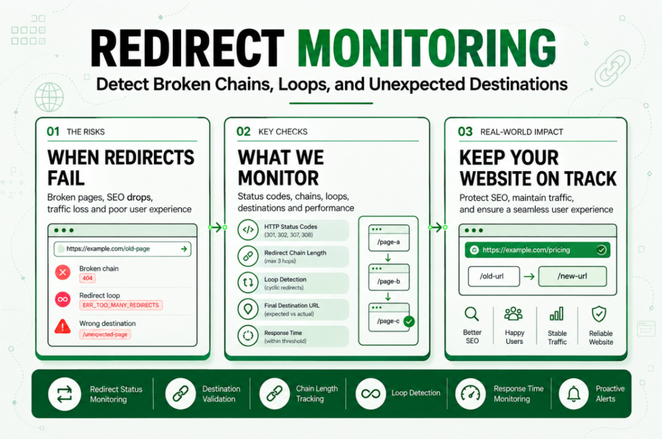 Redirect Monitoring: Detect Broken Chains, Loops, and Unexpected Destinations